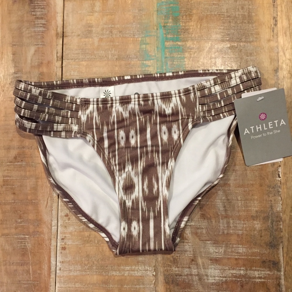 NWT Athleta Aqualuxe Print Strappy Bikini Bottom XS brown tan white